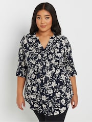 Yours Curve Navy Blue Floral Print Pintuck Blouse - Image 1 of 5