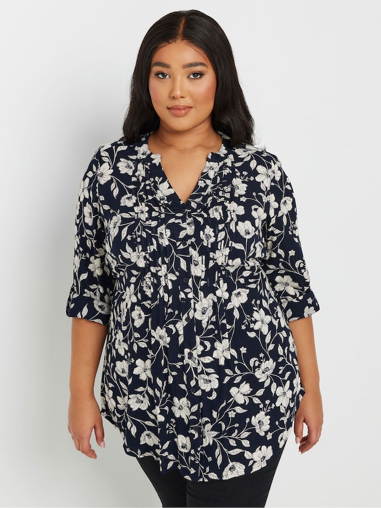 Yours Curve Navy Blue Floral Print Pintuck Blouse - Image 1 of 5
