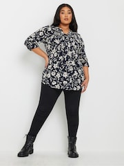 Yours Curve Navy Blue Floral Print Pintuck Blouse - Image 2 of 5