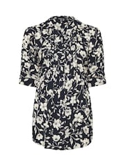 Yours Curve Navy Blue Floral Print Pintuck Blouse - Image 5 of 5