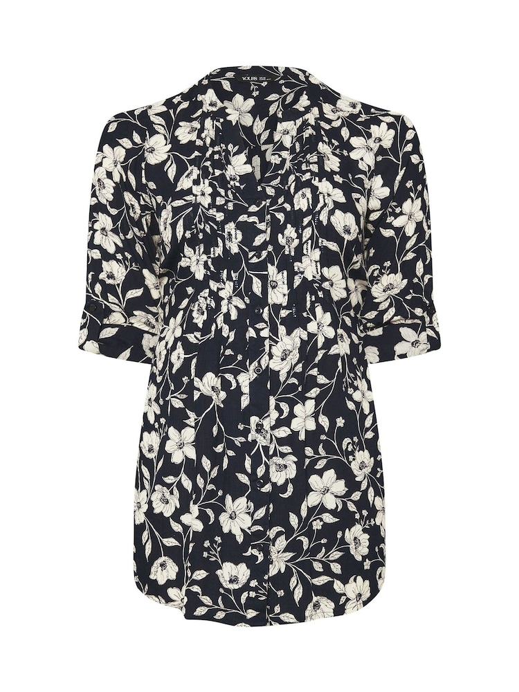 Yours Curve Navy Blue Floral Print Pintuck Blouse - Image 5 of 5