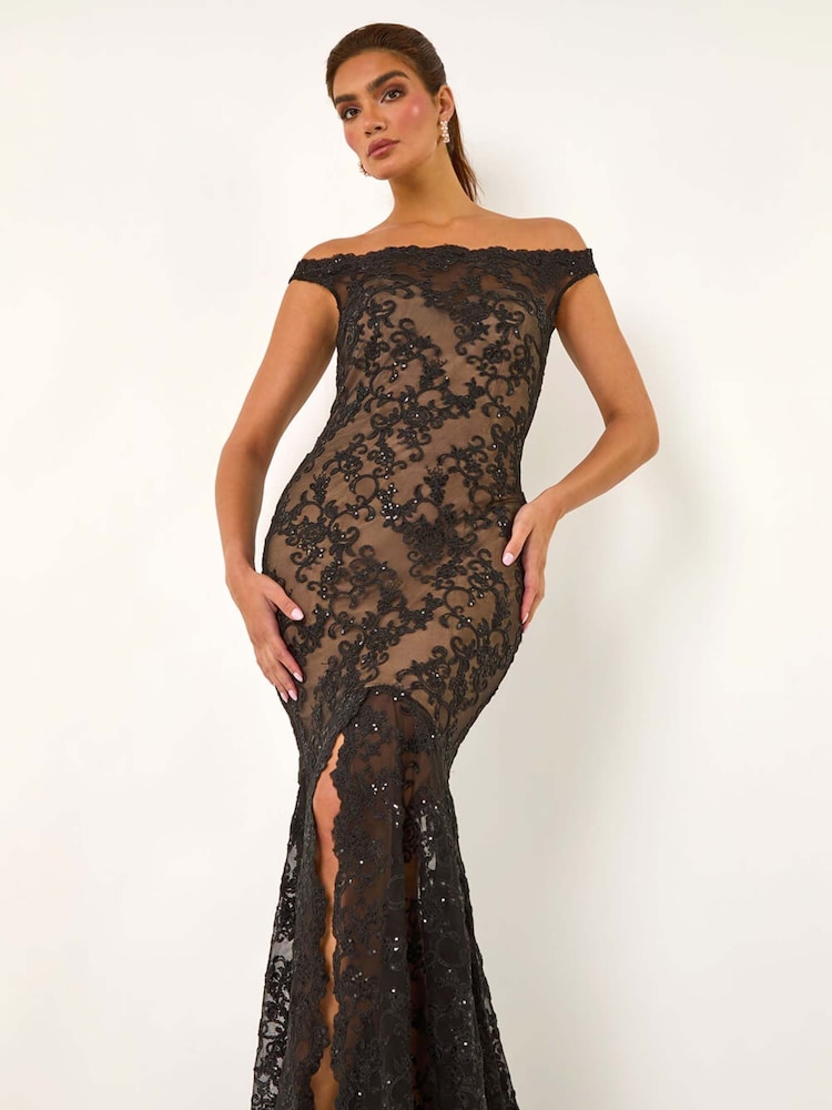 Negro - Roman Lace Scallop Edge Front Split Maxi Dress - Imagen 1 de 5 Negro - Roman Lace Scallop Edge Front Split Maxi Dress - Imagen 1 de 5