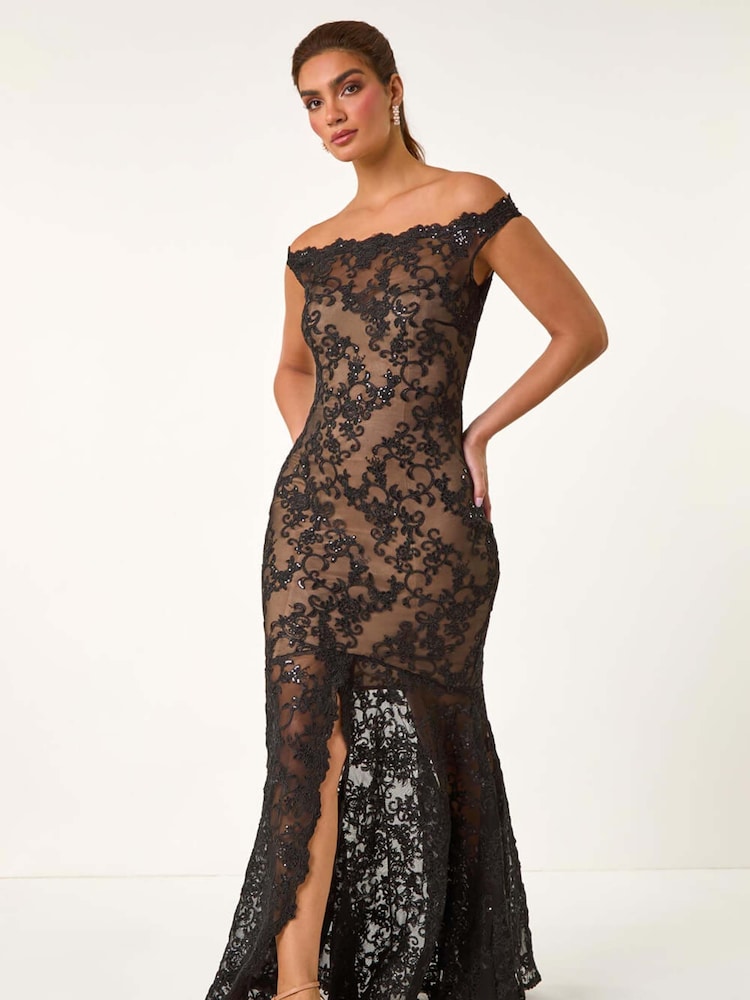 Roman Black Lace Scallop Edge Front Split Maxi Dress - Image 2 of 5