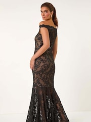 Roman Black Lace Scallop Edge Front Split Maxi Dress - Image 3 of 5