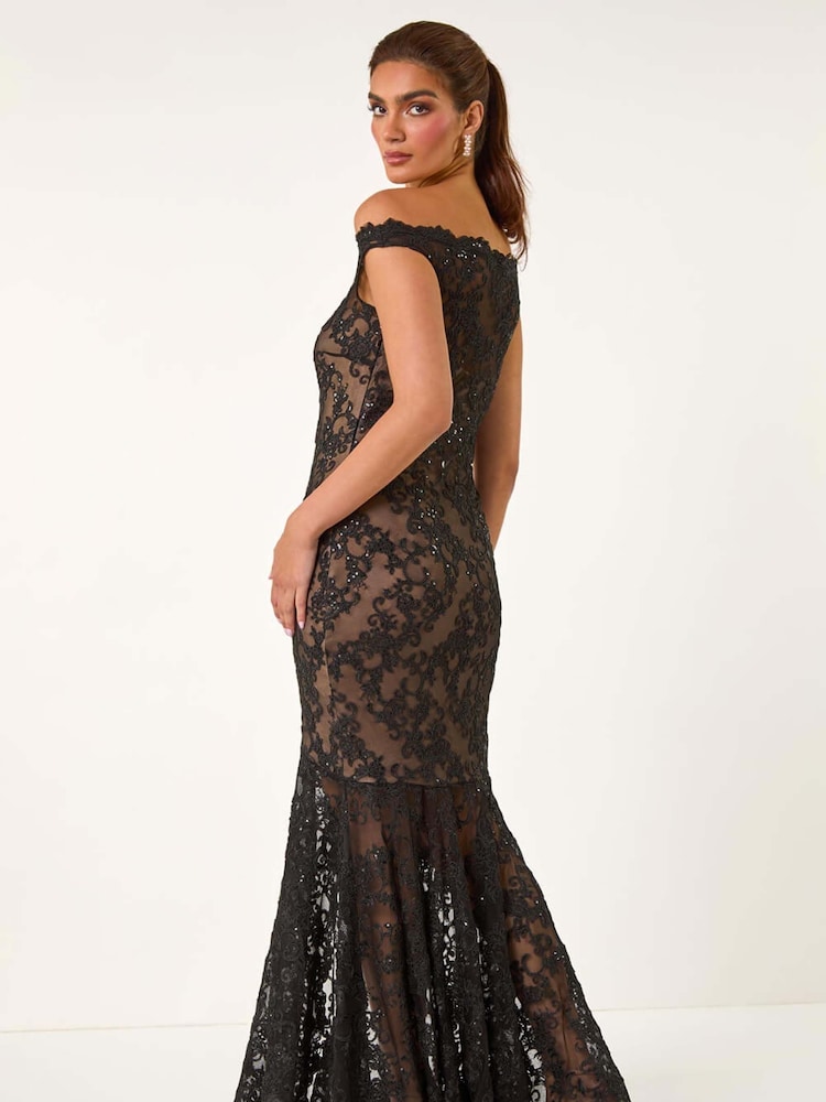 Roman Black Lace Scallop Edge Front Split Maxi Dress - Image 3 of 5