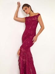 Roman Red Lace Scallop Edge Front Split Maxi Dress - Image 2 of 6