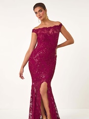 Roman Red Lace Scallop Edge Front Split Maxi Dress - Image 3 of 6