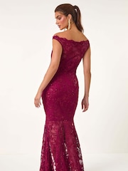 Roman Red Lace Scallop Edge Front Split Maxi Dress - Image 4 of 6