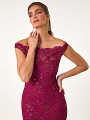 Roman Red Lace Scallop Edge Front Split Maxi Dress - Image 5 of 6