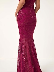 Roman Red Lace Scallop Edge Front Split Maxi Dress - Image 6 of 6