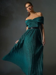 Roman Green Bardot Pleated Fit & Flare Maxi Dress - Image 1 of 6