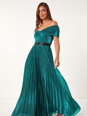 Roman Green Bardot Pleated Fit & Flare Maxi Dress - Image 2 of 6