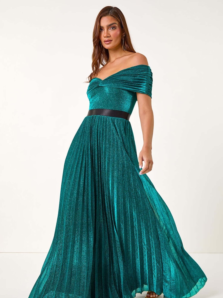 Roman Green Bardot Pleated Fit & Flare Maxi Dress - Image 2 of 6