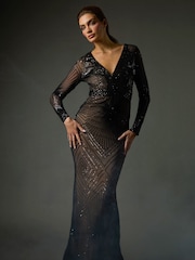 Roman Black Starburst Sequin Stretch Bodycon Maxi Dress - Image 1 of 6