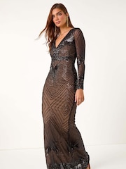 Roman Black Starburst Sequin Stretch Bodycon Maxi Dress - Image 2 of 6