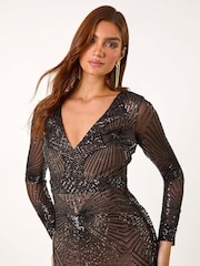 Roman Black Starburst Sequin Stretch Bodycon Maxi Dress - Image 5 of 6