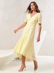 Lipsy Buttermilk Yellow Premium Broderie Lace Short Sleeve V-Neck High Low Midi Dress - Image 1 of 5