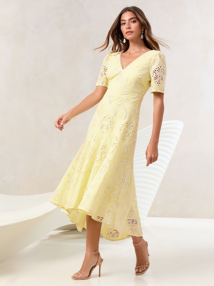 Lipsy Buttermilk Yellow Premium Broderie Lace Short Sleeve V-Neck High Low Midi Dress - Image 1 of 5