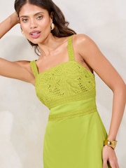 Lipsy Green Premium Lace Insert Dropped Hem Fit And Flare Midi Dress - Image 2 of 4