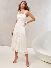 Lipsy Cream Premium Lace Insert Dropped Hem Fit And Flare Midi Dress - Image 1 of 4