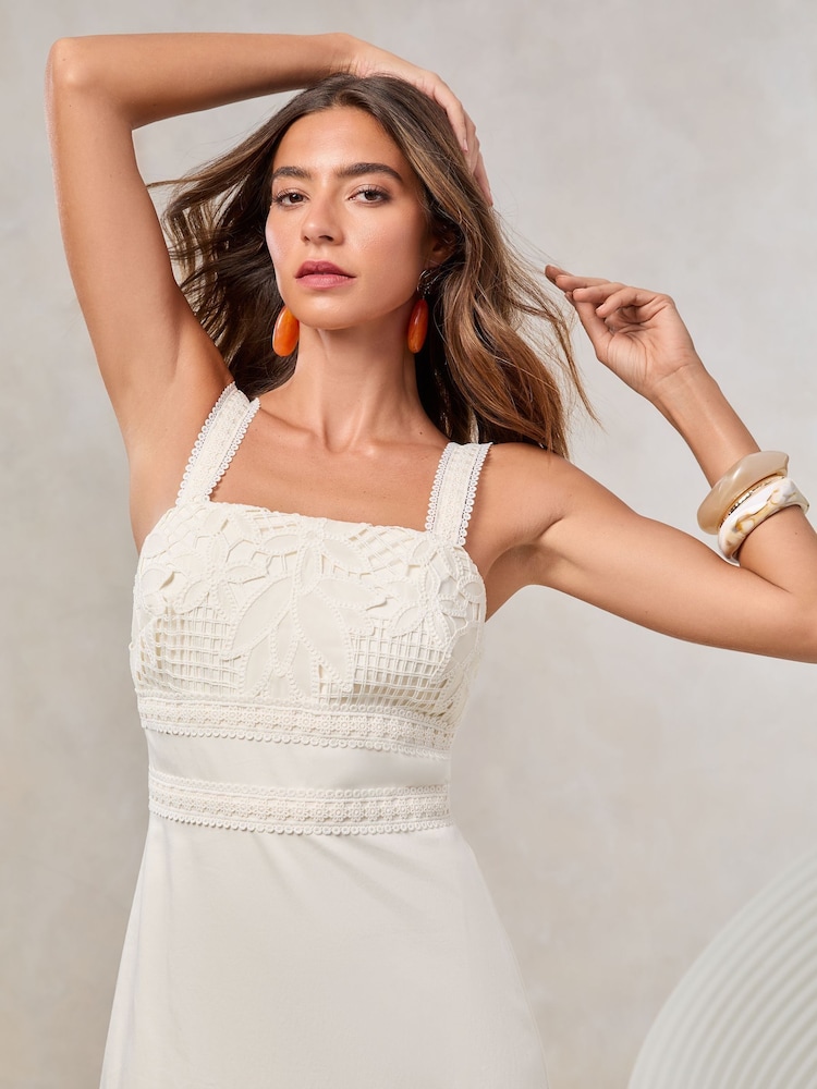 Lipsy Cream Premium Lace Insert Dropped Hem Fit And Flare Midi Dress - Image 4 of 4