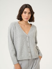 Kaffe Grey Kasylvie V-Neck Buttons Cropped Cardigan - Image 1 of 5