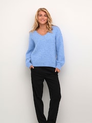 Kaffe Blue Sarla V-Neck Melange Knit Pullover Jumper - Image 3 of 6