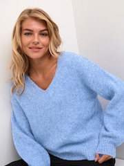 Kaffe Blue Sarla V-Neck Melange Knit Pullover Jumper - Image 4 of 6