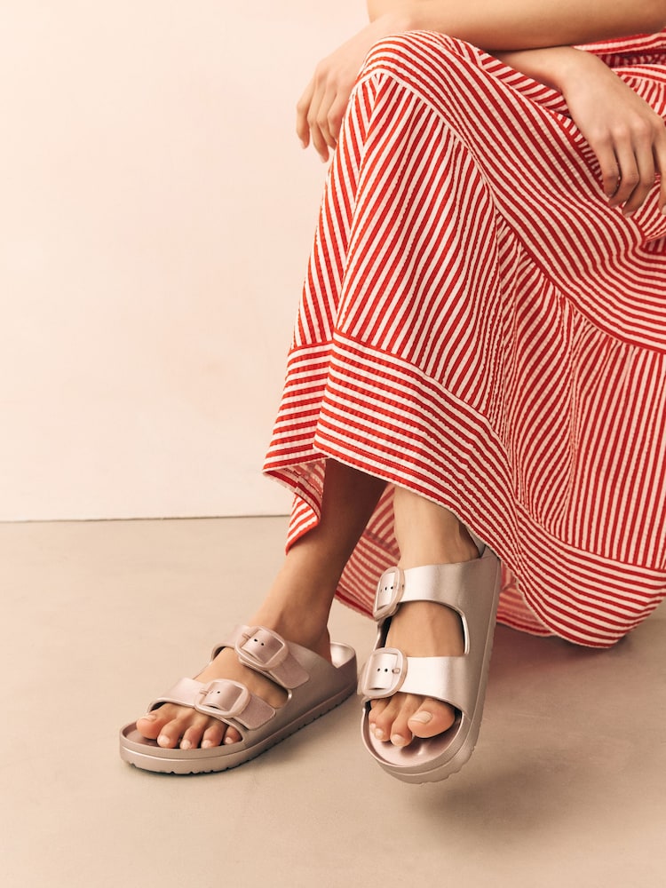 Soft Gold Beach Double Strap Flat Sliders - Image 1 of 10