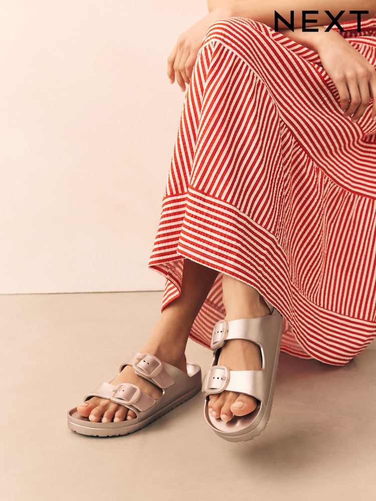 Soft Gold Beach Double Strap Flat Sliders - Image 11 of 11