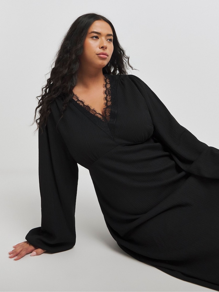 Simply Be Black Long Sleeve Waffle Lace Trim Maxi Skater Dress - Image 1 of 4 Simply Be Black Long Sleeve Waffle Lace Trim Maxi Skater Dress - Image 1 of 4