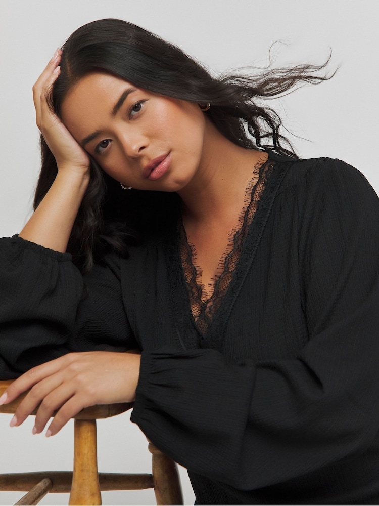 Simply Be Black Long Sleeve Waffle Lace Trim Maxi Skater Dress - Image 4 of 4 Simply Be Black Long Sleeve Waffle Lace Trim Maxi Skater Dress - Image 4 of 4