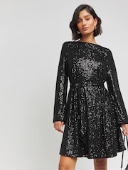 Schwarz - Simply Be Pailletten-Skaterkleid mit Gürtel - Bild 1 von 4