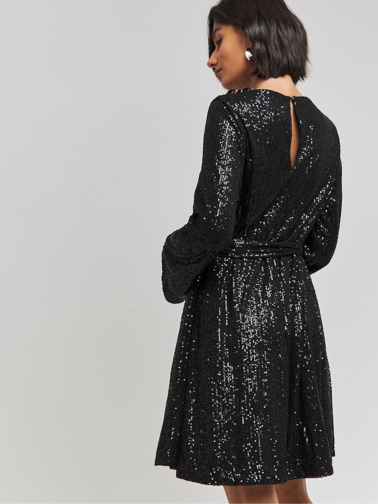 Schwarz - Simply Be Pailletten-Skaterkleid mit Gürtel - Bild 2 von 4