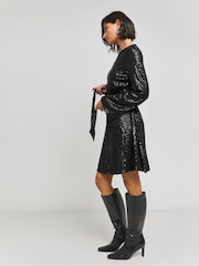 Schwarz - Simply Be Pailletten-Skaterkleid mit Gürtel - Bild 3 von 4