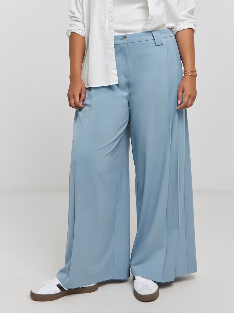 Simply Be Blue Pleated Wide Leg Tailored Trousers - Image 1 of 4