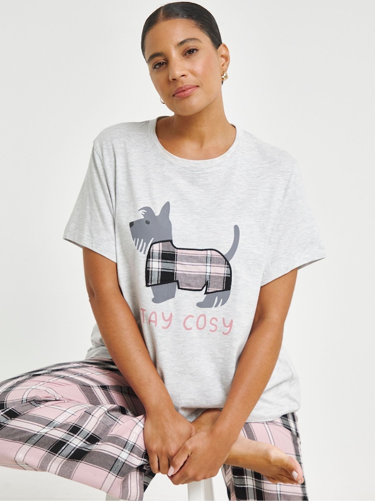 Simply Be Pink Scotty Dog Flannel Pant Pyjamas Set - Image 1 of 4