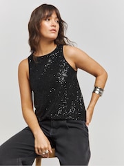 Simply Be Black Linear Sequin Racer Tank - Image 1 of 4