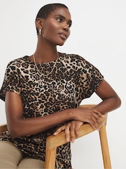 JD Williams Natural Leopard Print Textured Longline Curved Hem Top - Image 1 of 4