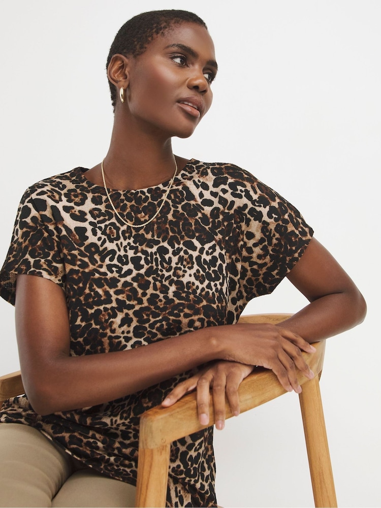 JD Williams Natural Leopard Print Textured Longline Curved Hem Top - Image 1 of 4