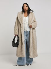 Simply Be Cream Chevron Pelted Faux Fur Maxi Coat - Image 1 of 4