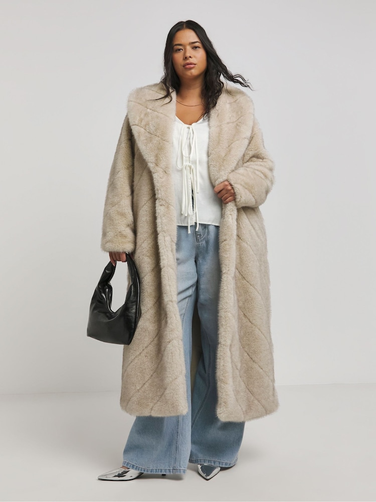 Simply Be Cream Chevron Pelted Faux Fur Maxi Coat - Image 1 of 4