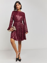 Rot - Simply Be Pailletten-Skaterkleid mit Gürtel - Bild 3 von 4