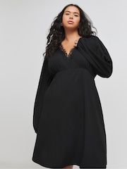 Simply Be Black Long Sleeve Waffle Lace Trim Midi Skater Dress - Image 1 of 4