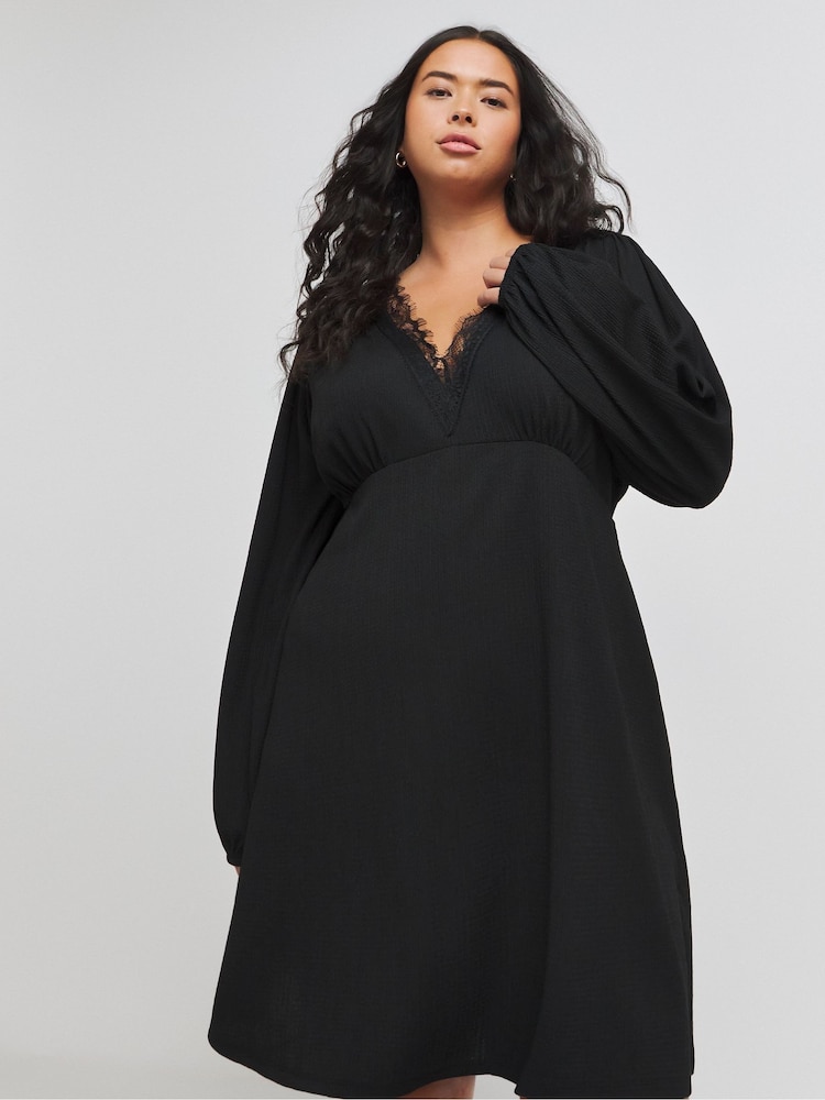 Simply Be Black Long Sleeve Waffle Lace Trim Midi Skater Dress - Image 1 of 4