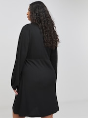 Simply Be Black Long Sleeve Waffle Lace Trim Midi Skater Dress - Image 2 of 4