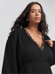 Simply Be Black Long Sleeve Waffle Lace Trim Midi Skater Dress - Image 3 of 4