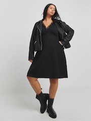 Simply Be Black Long Sleeve Waffle Lace Trim Midi Skater Dress - Image 4 of 4