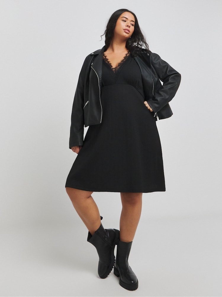Simply Be Black Long Sleeve Waffle Lace Trim Midi Skater Dress - Image 4 of 4