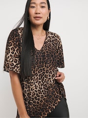 JD Williams Natural Leopard Print Foil V-Neck Angel Sleeves Plisse Top - Image 1 of 4